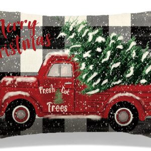Christmas Pillow Cover Red Truck with Plaids Background 20 x 12 Inch