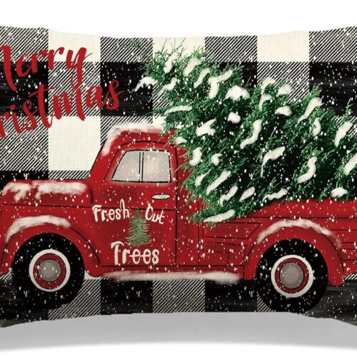 1 Christmas Pillow Cover Red Truck with Plaids Background 20 x 12 Inch