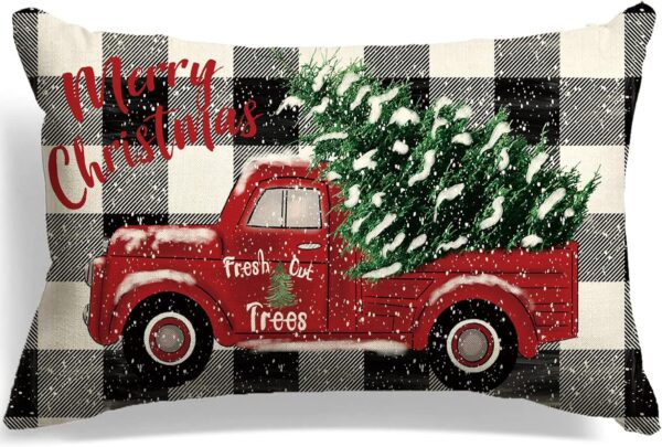 Christmas Pillow Cover Red Truck with Plaids Background 20 x 12 Inch 1