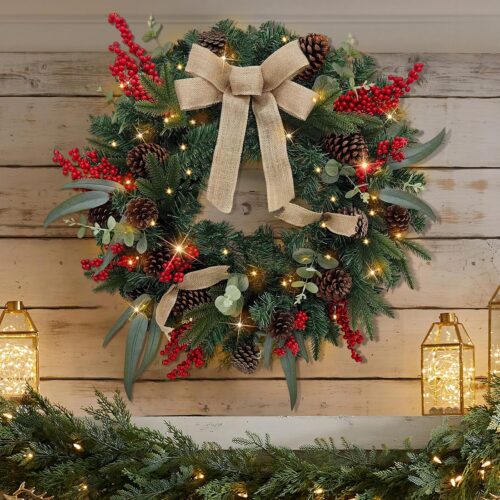 1 28’’ Pre-Lit Artificial Christmas Wreath, Battery Operated 35 LED Lights with Leaves