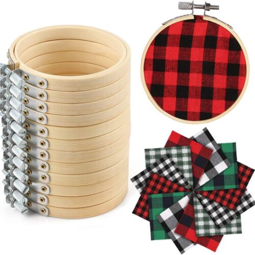 12 Pieces Christmas Ornament Kit Including 3 Inch Embroidery Hoops and 5 Inch Squares Plaid Fabric