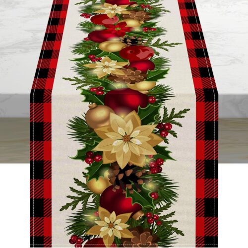 1 Linen Red and Black Buffalo Check Plaid Merry Christmas Table Runner 13 x 72 Inch