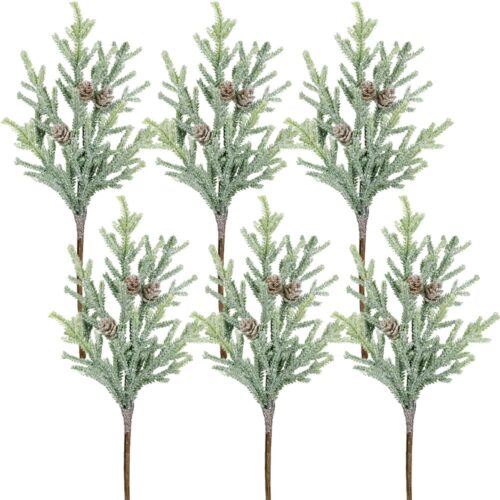 1 6 Pack Frosted Artificial Cypress Pine Stems Snowy Glittered Pine Spray with Mini Pinecones 13.8" Tall