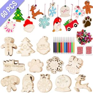 60PCS DIY Christmas Wooden Ornaments Unfinished Wood Slices with 12 Styles,16m Red Rope, 60 Colored Bells, 12 Colored Pens