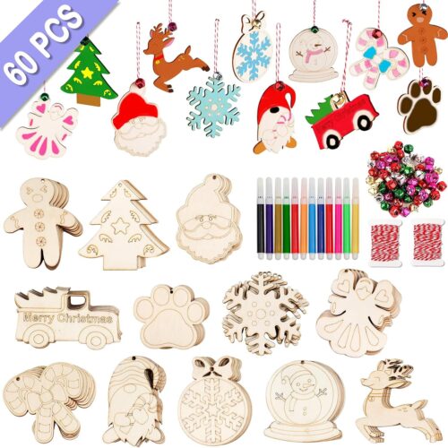 60PCS DIY Christmas Wooden Ornaments Unfinished Wood Slices with 12 Styles,16m Red Rope, 60 Colored Bells, 12 Colored Pens