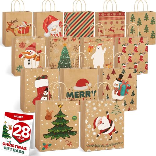 1 28 Pack Christmas Kraft Gift Bags with Handles, 9x7.5x3.5