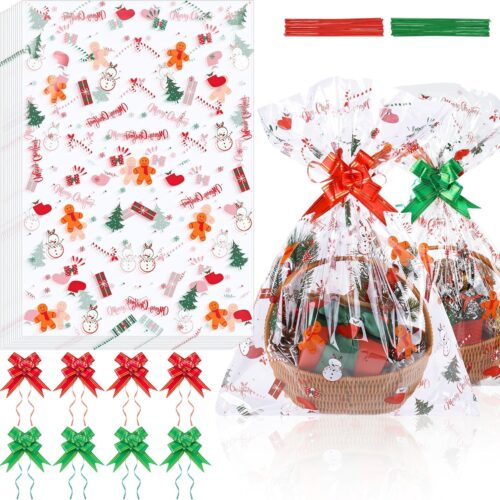 1 12 Pieces Christmas Large Basket Bags Clear Cellophane Bags 20 x 28 Inch