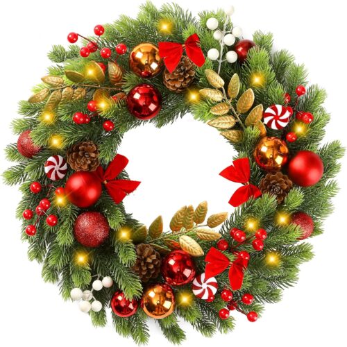 1 17 Inch Artificial Christmas Wreath for Front Door with 20 LED Lights