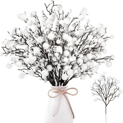 1 15 Pack Artificial Glitter Berry Stems 11.4 inch (White)