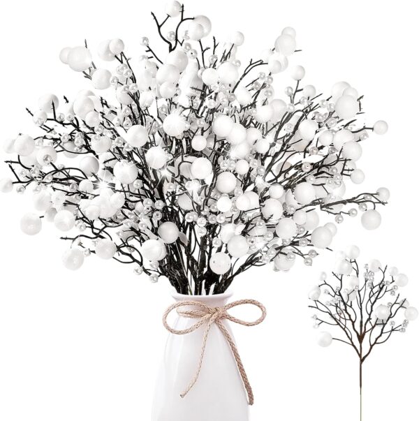 15 Pack Artificial Glitter Berry Stems 11.4 inch (White) 1