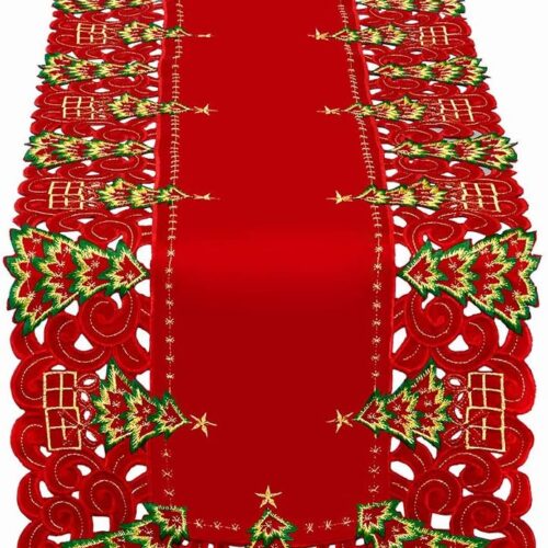 Embroidered Christmas Holiday Holly Tree Table Runner, Rectangular 16 x 54 Inch