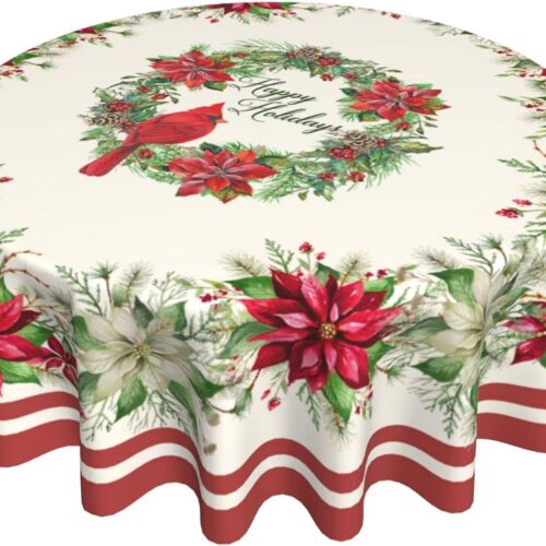 Red Bird Tablecloth Round 60 inch Red White Floral