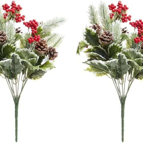 10 Stem Artificial Holly Leaves Berries Christmas Bush Home Decor, Indoor Floral Arrangement, 2 Pc Set