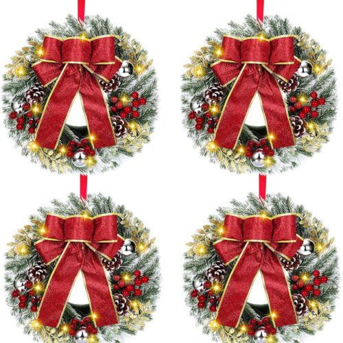 1 4 Pcs Lighted Christmas Wreaths, 13 Inch Pre Lit Small Xmas Wreath with Large Bow
