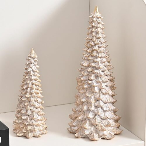 Resin Christmas Tree Figurines, 2Pcs Distressed White with Gold