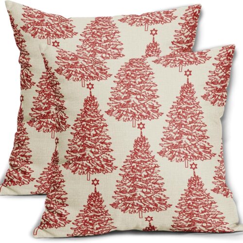 Christmas Pillow Covers 18x18 Set of 2 Red Xmas Tree Star Rustic Winter Print