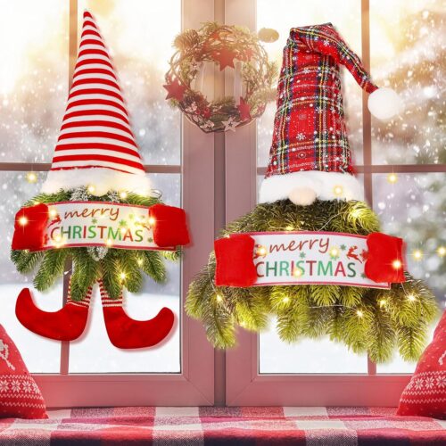 2 Pcs 30 Inch Christmas Wreath for Front Door Christmas Wreath Gnome with Light Artificial Pine Spruce Hanging Sign Santa Gnome