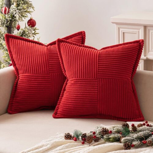 1 Red Corduroy Pillow Covers with Splicing Set of 2 Super Soft Boho Striped 18x18 inch