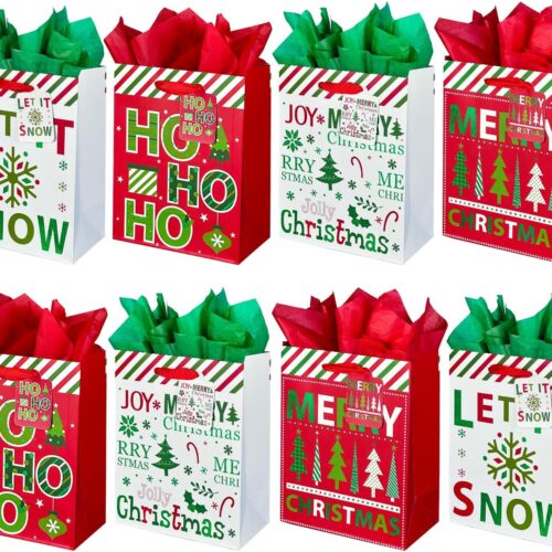 12 Pack Christmas Paper Gift Bags with Tissue Paper, 9'' Medium