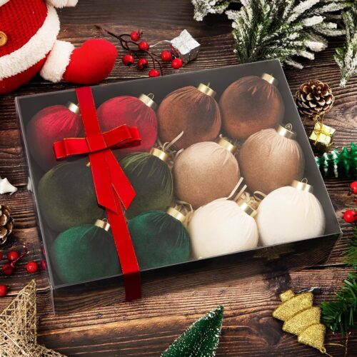 1 12 Pcs 6 Color Shatterproof Christmas Tree Ornaments Velvet 3.15 Inch Balls, (Gift Box)