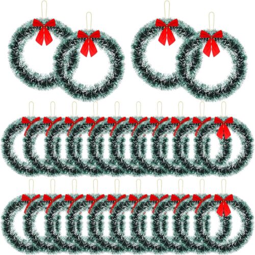1 24 Pcs 12 Inch Christmas Wreath with Red Bow Bulk Artificial Christmas Garland