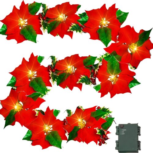 7 FT Christmas Poinsettia Flowers Garland Decorations, 10 LED Lighted