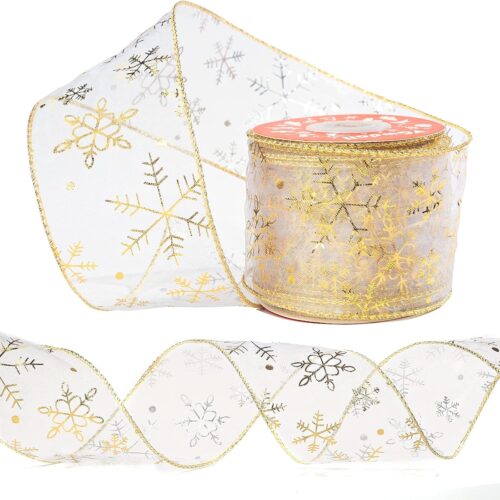 1 Gold Snowflake Ribbon,2.4 Inch 10 Yards Glitter Gold and Silver