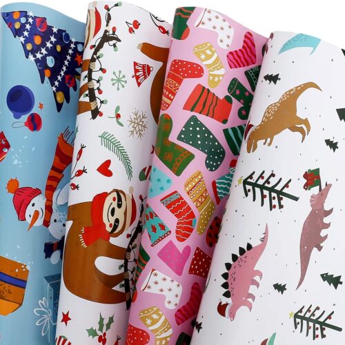12 Sheets Xmas Gift Wrap 4 Cartoon Designs Dinosaur, Sloths, Snowmen, Socks - Folded Flat, 20 Inch X 29 Inch Per Sheet