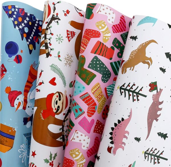 12 Sheets Xmas Gift Wrap 4 Cartoon Designs Dinosaur, Sloths, Snowmen, Socks - Folded Flat, 20 Inch X 29 Inch Per Sheet 1