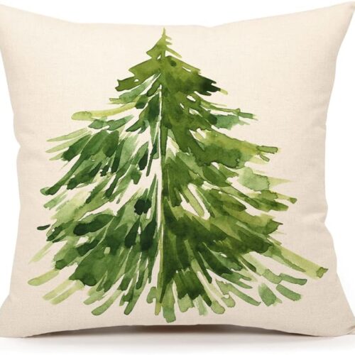 Watercolor Christmas Tree Throw Pillow Cover Cushion Case for Home Decor Sofa Couch 18" x 18" Inch Linen Farmhouse Christmas Decorations