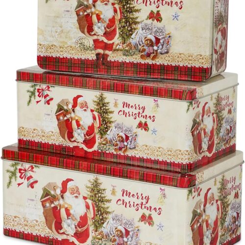 1 Christmas Cookie Tin Box with Lids, Rectangle Santa Food Storage Gift, Set of 3 Nesting Containers