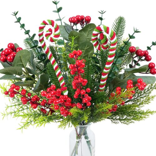 1 10 Pcs Christmas Flowers Artificial Pine Branches with Red Berry Stems