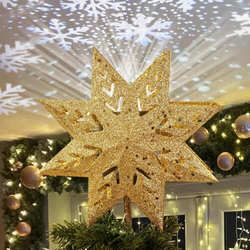 1 Christmas Tree Topper, 8" Gold Christmas Tree Star with Projector Lights, 8-Pointed