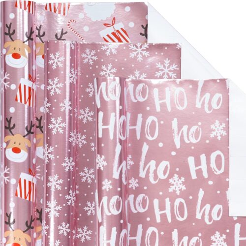 Christmas Wrapping Paper Mini Roll, Pink Metallic Foil Shine Paper - 17 x 120 inches - 3 Rolls (42.5 sq.ft.ttl.)