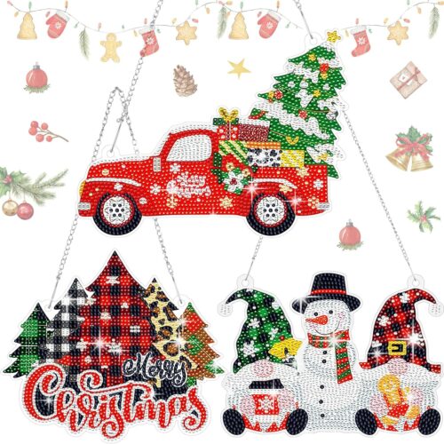 1 3 Pcs Christmas Diamond Painting Hanging Sign 5D Christmas Tree Gnome Snowman