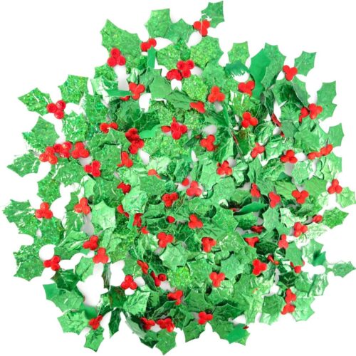 100PCS Shiny Holly Leaves Christmas Small Holly Green Leaves and Red Berries Scatters Confetti  (50 x 40mm)