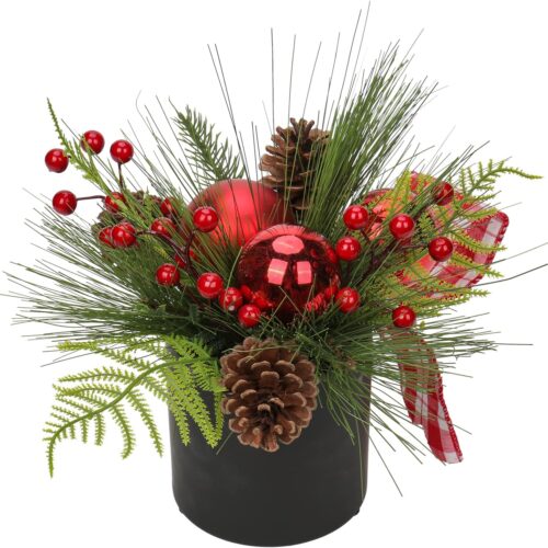 1 10 Inch Mini Christmas Tree Artificial Potted with Pinecones Berries and Red Xmas Ball- 4.7'' Black Ceramic Pot