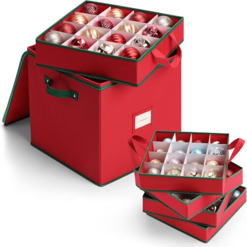 1 64 Christmas Ball Accessories Holder with Adjustable Dividers, Zippered Closure, 4 Removable Trays, 600D Oxford, 12.9x12.9x13