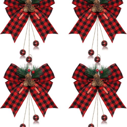 1 4 Pcs Christmas Bows Large Buffalo Plaid Bow with Pine Cones 9.8 x 11.8 Inch(Red and Black Plaid)