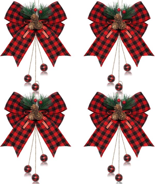 4 Pcs Christmas Bows Large Buffalo Plaid Bow with Pine Cones 9.8 x 11.8 Inch(Red and Black Plaid) 1