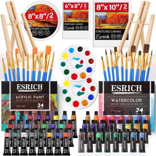 78PCS Acrylic Paint Canvas Set, Watercolor Paint Set, Acrylic Paint Set with 2 Set of Wood Easel