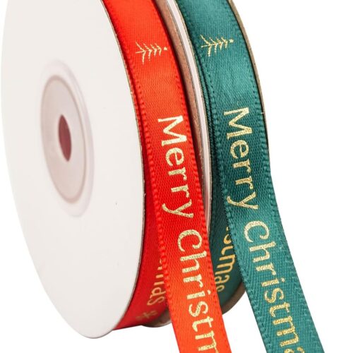 1 2 Rolls 50 Yards Christmas Ribbon 3/8 Inch Wide, Red and Green Satin Ribbon with Gold Stamping Pattern