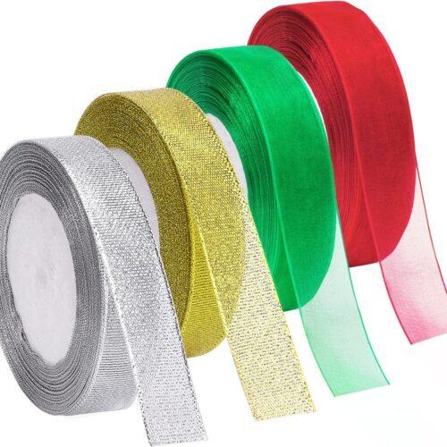 1 4 Rolls 4/5 Inch in Width Christmas Metallic Glitter Organza Ribbons Golden, Silvery, Red, Green Ribbon