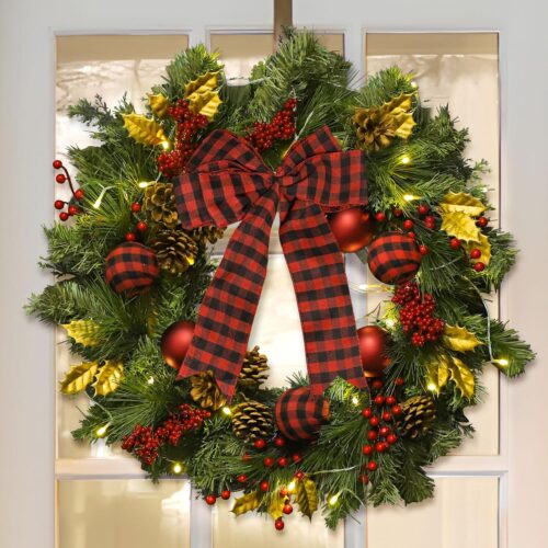 Green Christmas Door Wreath with Pine Branch,Christmas Ball Ornaments,Bows,Pine Cones,Berry