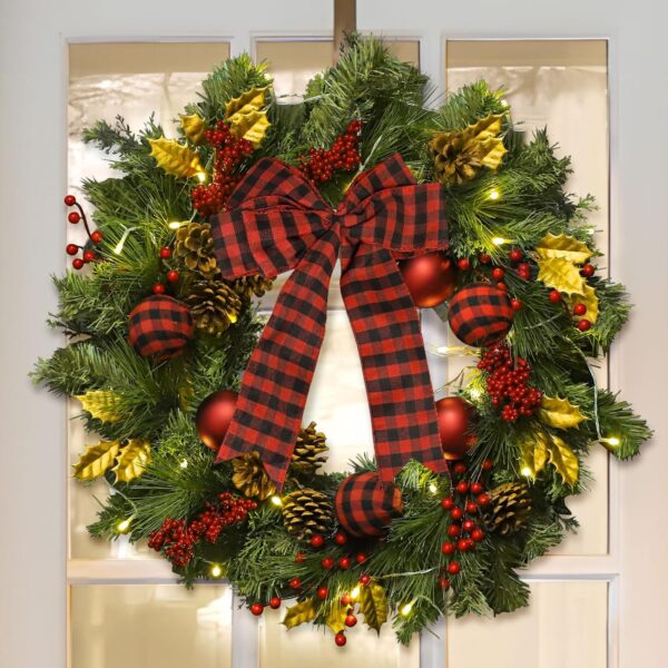 Green Christmas Door Wreath with Pine Branch,Christmas Ball Ornaments,Bows,Pine Cones,Berry 1