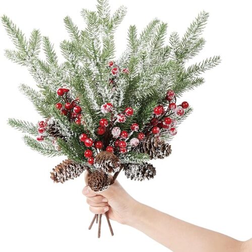 Snowy Christmas Pine Branches w/Pinecones