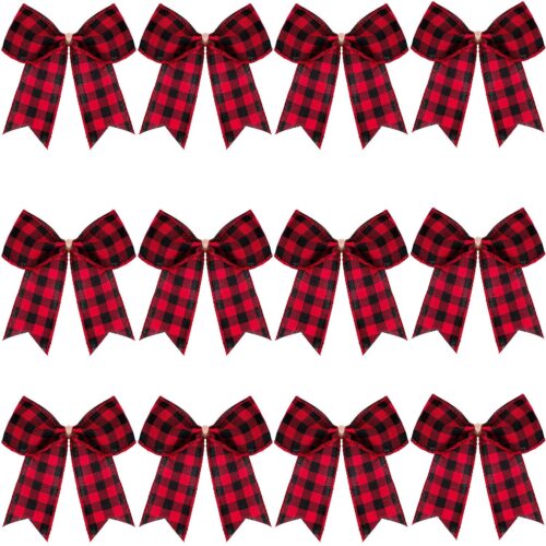 1 12 Pieces Buffalo Plaid Bows Burlap (Red and Black,2.4 x 2.4 Inch)