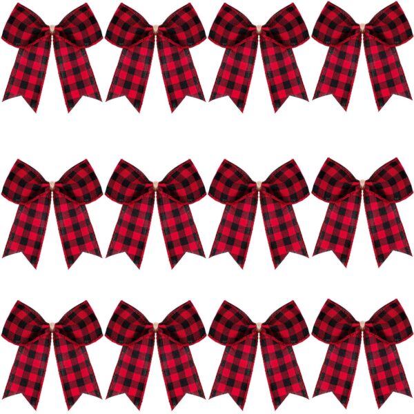 12 Pieces Buffalo Plaid Bows Burlap (Red and Black,2.4 x 2.4 Inch) 1