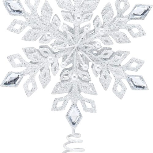 Glitter Snowflake Tree Topper - White Sparkling Jewel Snow Flake  with Gem Design 11.5"