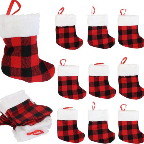 1 Mini Christmas Stockings, 6-Inch, Red Buffalo Plaid, 24-Pack